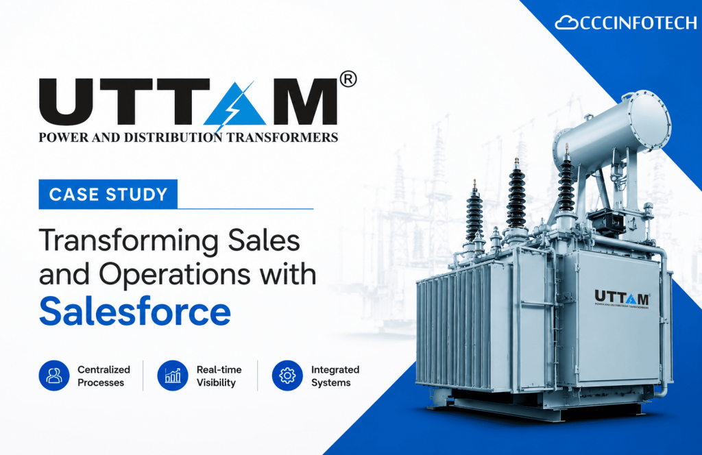 Discover how CloudCentric helped Uttam Bharat Electricals move from fragmented spreadsheets to a centralized Salesforce platform, streamlining lead management, sales-to-design processes, quotations, SAP integration, field service, and real-time reporting.